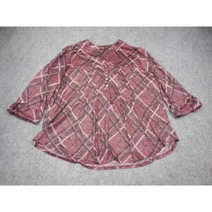 Roz & Ali Blouse Top Women's Size 2X Red Black Tinsel Filament 3/4 Sleeve Button